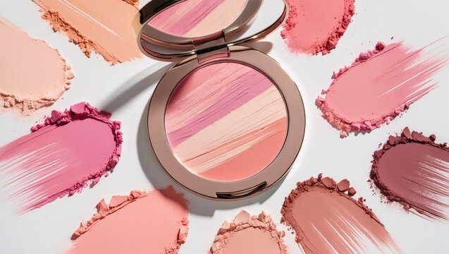Various shades of pink and peach makeup swatches and compact with mirror