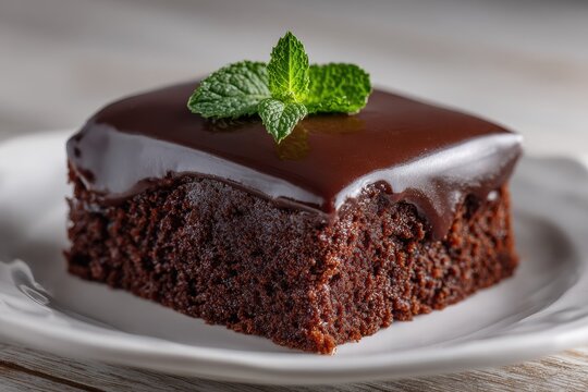 Rich dark chocolate cake square topped with mint leaves and cocoa dusting