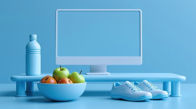 Standing desk setup with blank monitor, water bottle, fruit bowl, and walking shoes