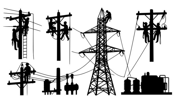 A vector silhouette set of electrical line workers performing utility pole repair, transmission tower climbing, and power line maintenance. Included workers climbing electrical towers, fixing cables, 