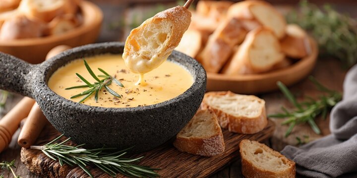 breadstick dipped in melted cheese fondue