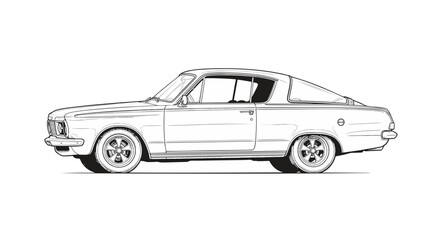 Fototapeta premium Classic American Muscle Car Side Profile Vector Illustration, Vintage Fastback Coupe Line Art for Coloring Book and Automotive Graphic Design