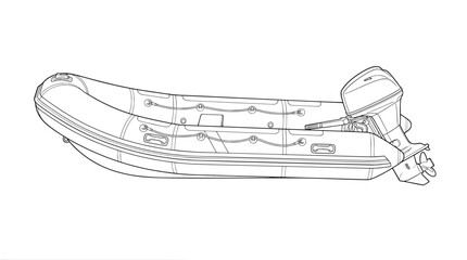 Rigid Inflatable Boat Line Art Illustration, Inflatable Motorboat with Outboard Engine Side View Vector, Marine Vessel Icon and Coloring Page Design Element. © Игорь Игорь