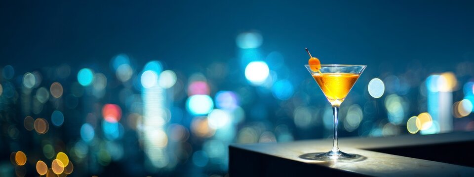 Martini cocktail with cherry on rooftop against blurred city lights. Evening bokeh creates luxury nightlife and celebration concept. banner 