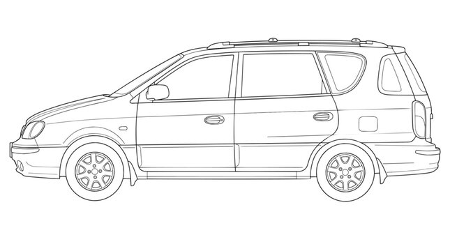 Compact Minivan Side Profile Line Art Illustration, Detailed MPV Passenger Car Outline Vector for Automotive Design Templates, Vehicle Blueprint and Coloring Page