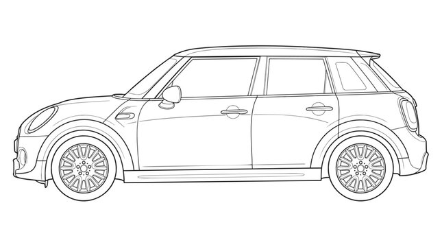 Five-door Mini Cooper Hatchback Vector Line Drawing Illustration; Modern Compact Car Side Profile Outline for Coloring Page, Technical Diagram, or Automotive Icon Design