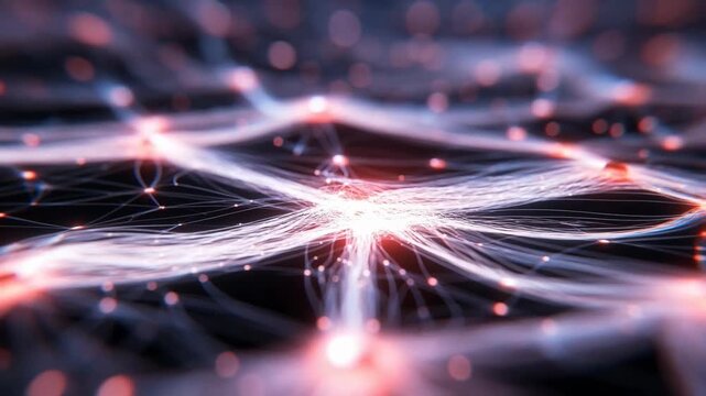 Glowing neural connections with bright strands in abstract style on dark background, concept of digital communication
