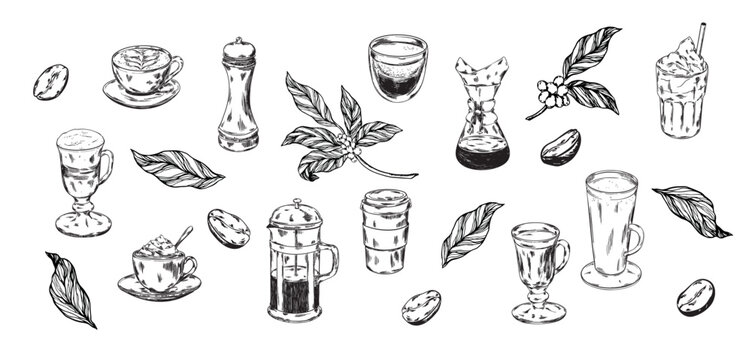 Hand drawn vector coffee set with espresso, cappuccino, latte, americano and brewing tools. Vintage sketch illustrations for cafe menus, coffee shops, packaging, banners and branding design