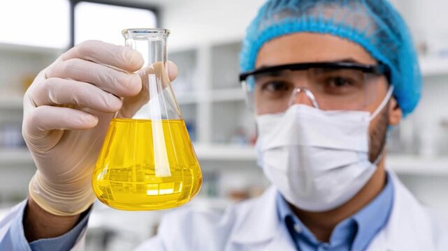 Laboratory professional wearing protective goggles, bouffant cap, latex gloves and surgical face mask showing biodiesel flask