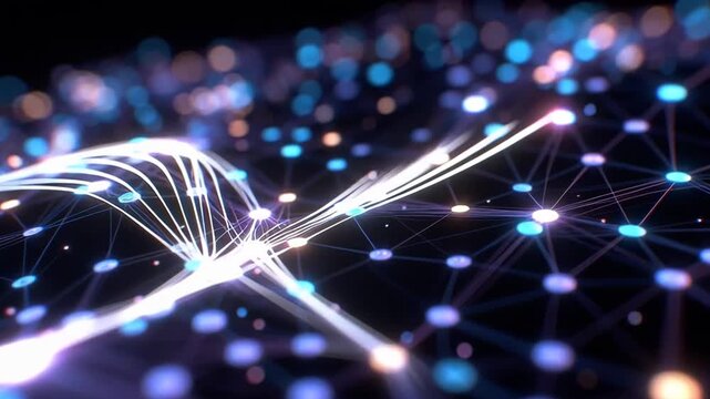 Glowing digital network nodes with luminous lines in abstract style on dark background, concept of connectivity and data flow