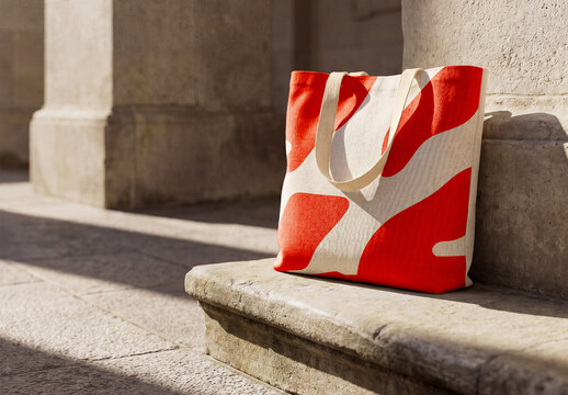 Canvas Tote Bag on Stone Bench Outdoor Scene Mockup