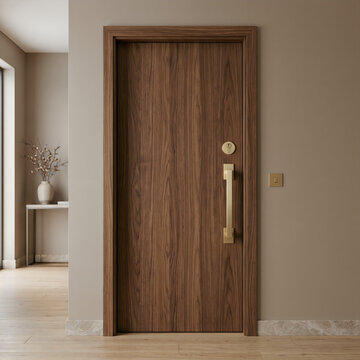 Modern minimalist interior design featuring a sleek walnut wood door with a brushed brass pull handle and matching lock, set against a neutral beige wall in a contemporary home hallway