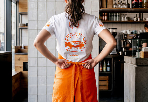 Back View Staff T Shirt and Apron in Restaurant Scene Mockup