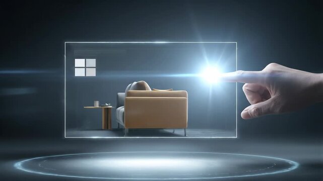 Designer manipulating virtual holographic interior model with hand. Digital couch interface customization for modern architecture, home decor planning and technology.
