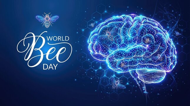 World mental health day brain illustration with bees and floral elements
