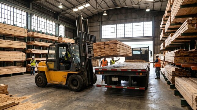 Timber loading forklift warehouse