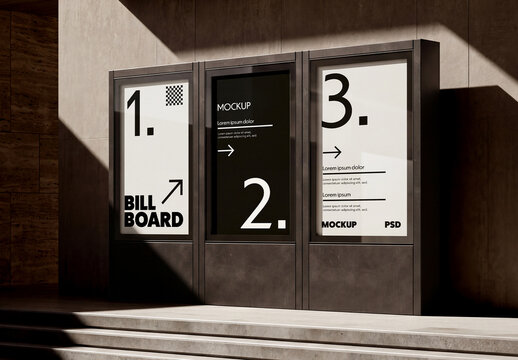 Three Vertical Poster Billboards on Building Facade Mockup