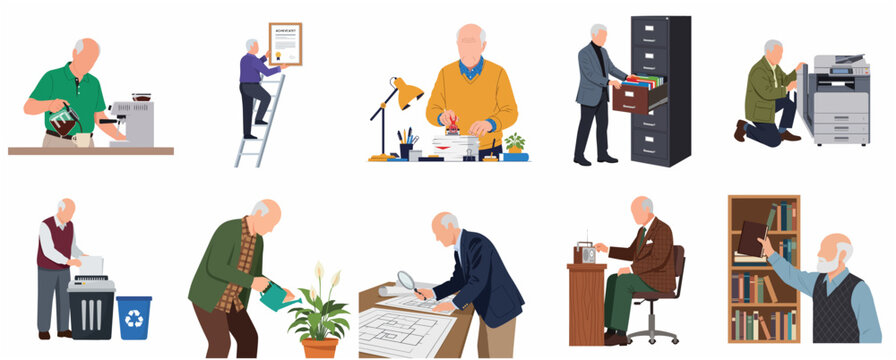 Set of Flat Vector Illustrations of a Senior Man Performing Various Daily Activities and Office Work Tasks