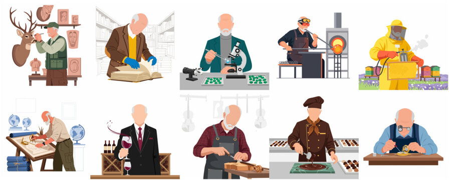 Set of elderly men engaged in various specialized crafts and traditional professions like watchmaking, beekeeping, and violin making