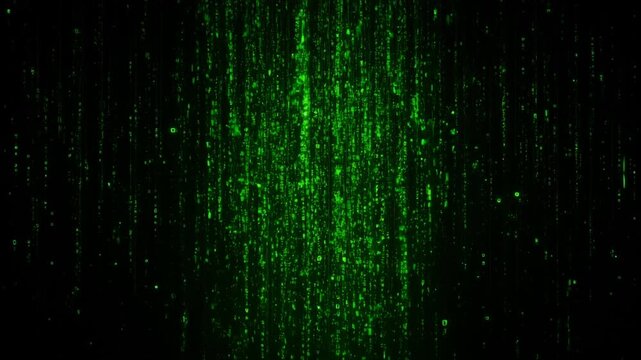Futuristic green digital code rain on black, matrix style data stream background, cyber technology and network security loop