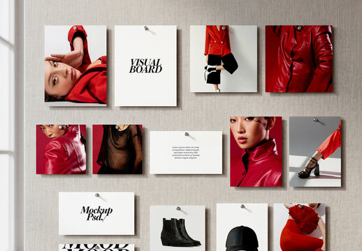 Pinned Fashion Mood Board Cards on Fabric Wall Mockup