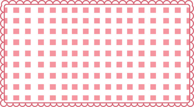 A classic pink and white gingham pattern fabric background featuring a decorative scalloped edge border suitable for picnic or kitchen theme designs