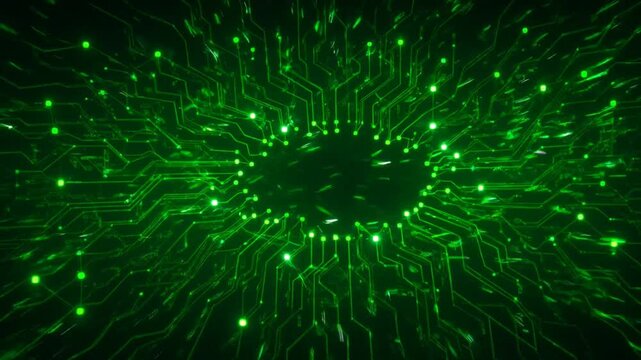 Futuristic green data tunnel animation, digital cyber network background, glowing circuit lines for technology and AI visuals