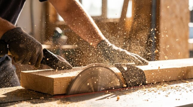 Sawdust particles flying cutting process