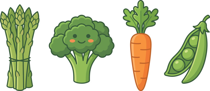 Cute Cartoon Vegetable Collection Featuring Green Asparagus Smiling Broccoli with Face Orange Carrot and Pea Pod for Kids Nutrition and Cooking Art