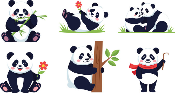 Panda Icon Set Featuring Cute Pandas with Flowers, Bamboo, and Playful Poses for Wildlife and Animal Designs