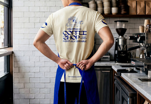 Back View Staff T Shirt and Apron in Coffee Shop Mockup