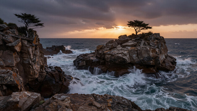 Sunset bathes rugged cliffs in golden light. Stormy clouds frame the ocean's restless waves. Lone tree stands defiant on jagged rock. White foam crashes against stone with force