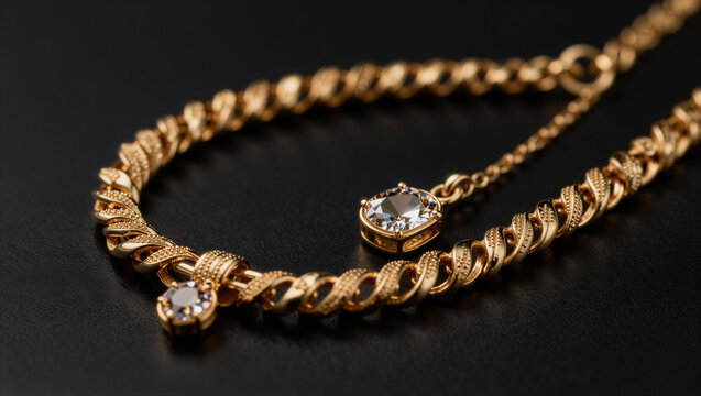 Golden chain gleams with intricate links and sparkling stones. Dark background accentuates the jewelry's luxurious detail. Each diamond catches light, evoking elegance and sophistication