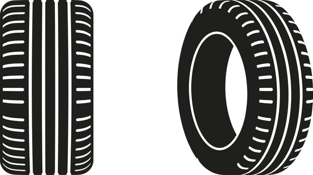 Technical illustration of a tire showing side profile and three quarter view in black vector style for automotive industry parts catalog display