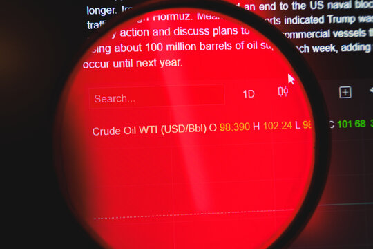 Close up of Crude Oil WTI market price data on a digital screen under red warning light, global energy crisis and rising fuel prices financial analysis concept