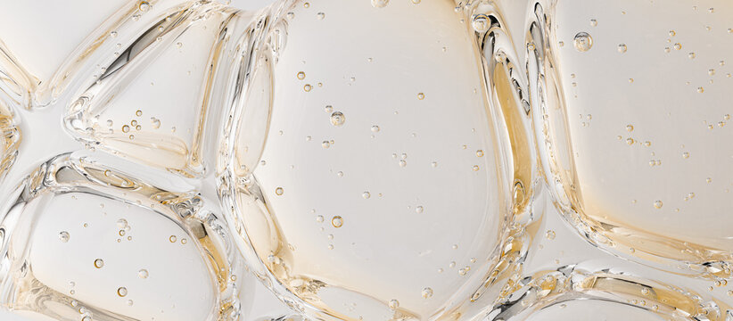 Transparent liquid gel bubbles texture. Cosmetic serum or collagen macro shot skincare product with hyaluronic acid. Beauty treatment golden background 3d rendering
