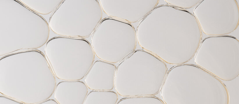 Abstract macro texture of clear liquid cosmetic serum or hydrating oil. Cellular network pattern on light background. Perfect backdrop for dermatology, skincare and beauty industry ad. 3d rendering