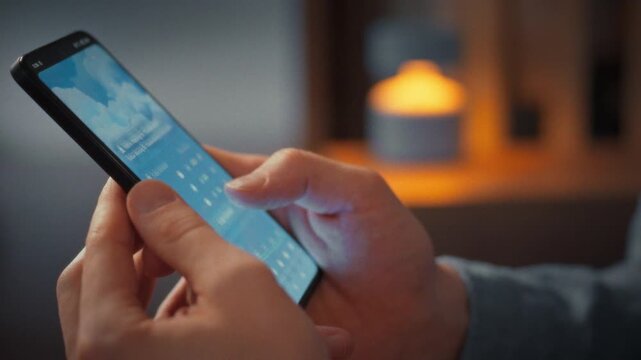 In his evening home setting, man holds his smartphone, scrutinizing weather application that displays multi-day forecast, illustrating how digital tools aid everyday planning personal organization