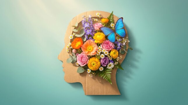 World mental health day floral head silhouette wellbeing and positive thinking