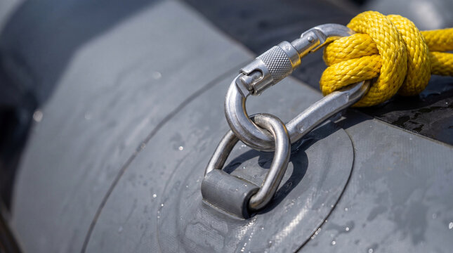 Metal carabiner attached to D-ring on an inflatable boat. Rafting equipment and safety gear for river navigation. Outdoor extreme sport activity preparation and water rescue concept.