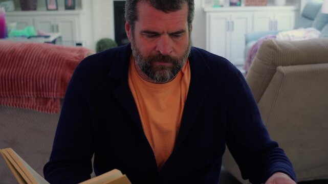 Man enjoys comfortable morning reading classical literature and drinking black coffee from cute mug - Comforts of working from home concept