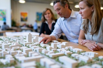 Fototapeta premium City planners and sociologist analyzing neighborhood scale model with green spaces