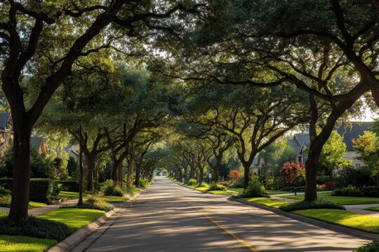 Residential street scene in Katy, Texas, showing vibrant trees, green lawns, and blue skies