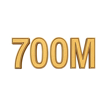 Three-dimensional gold text reading 700 m, metallic yellow numbers and letter with a textured surface, isolated on a white background for isolated on a transparent background