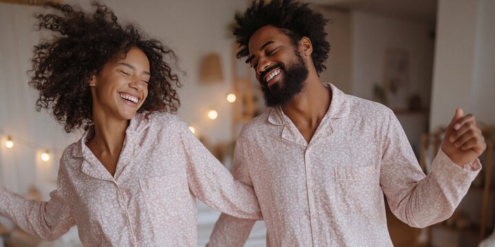 Couple in pajamas dancing - happy couple in matching sleeping attire are having fun together as a duo