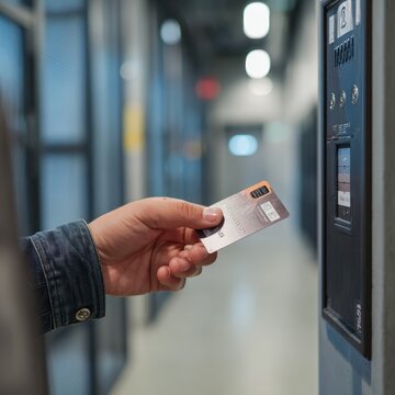 Person using a contactless smart card to unlock an office building door entrance