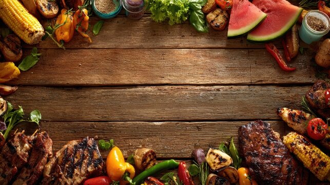 Outdoor picnic banner on a wood backdrop with edge border of BBQ items and large copy space