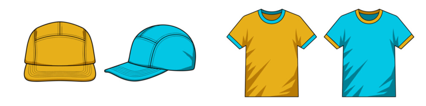 Retro style sportswear mockup. Cyan and yellow 5-panel cap and ringer t-shirt template, transparent background vector illustration