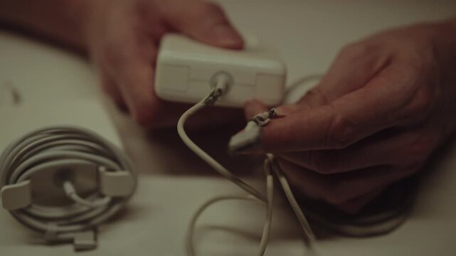 Person holding worn out and frayed old charger next to pristine new one, concept of planned obsolescence, consumerism, technological progress, equipment replacement, close-up, slow motion.