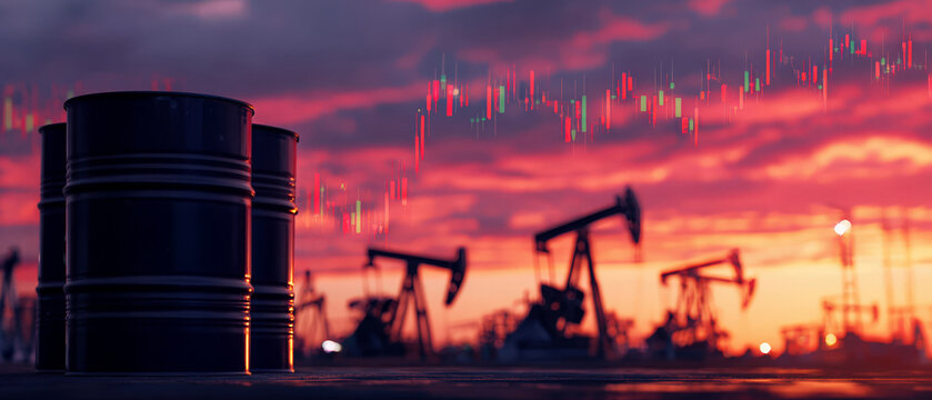 Stack of oil barrels with pumpjacks in background at sunset and financial chart overlay. Concept of oil prices, global energy market, petroleum industry, supply and demand dynamics.